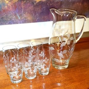 Mouthblown Hand Etched Lemonade Pitcher with 6 Matching Glasses.